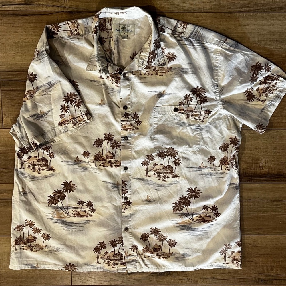 Island Shores Mens XXL Aloha Shirt Cotton Short Sleeve Tropical Palm Tree Cream